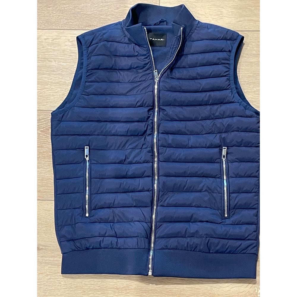 Tahari Mens Navy Blue Quilted Puffer Vest Mixed Media Full Zip Mock Neck Jacket